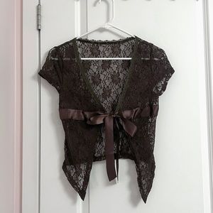 new! brown ribbon coquette balletcore y2k tie lace top